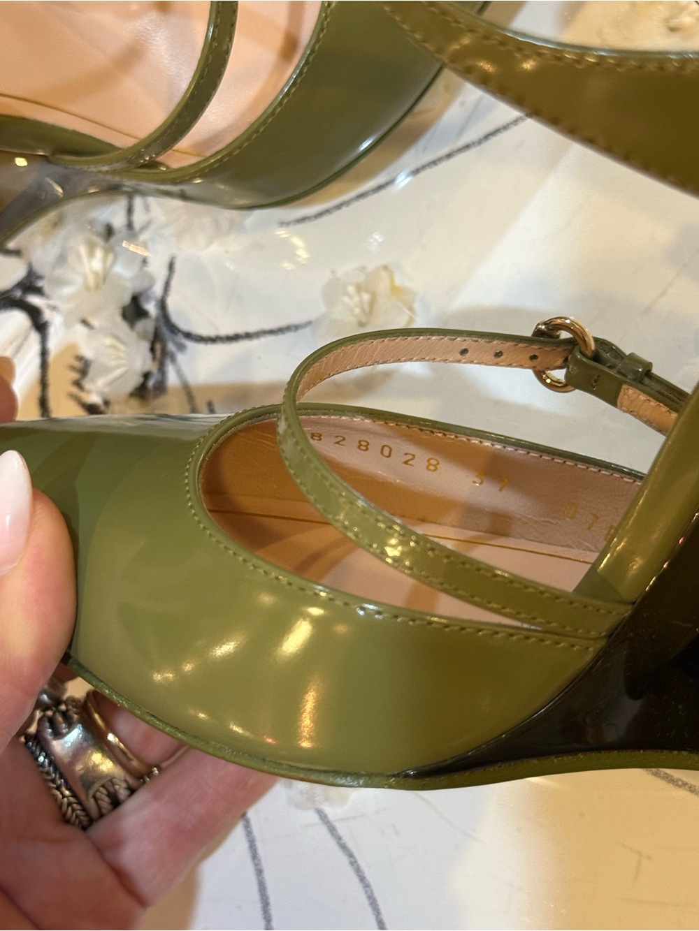 Gucci Olive Patent Leather Double-Strap Wedge Pumps - Picture 12 of 13